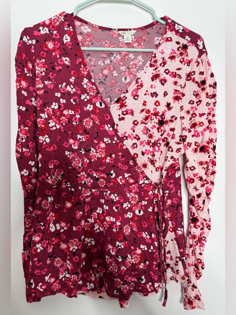 Cato Two-Tone Floral Wrap Top in Pink and Burgundy stretch fitted MD fall babydo